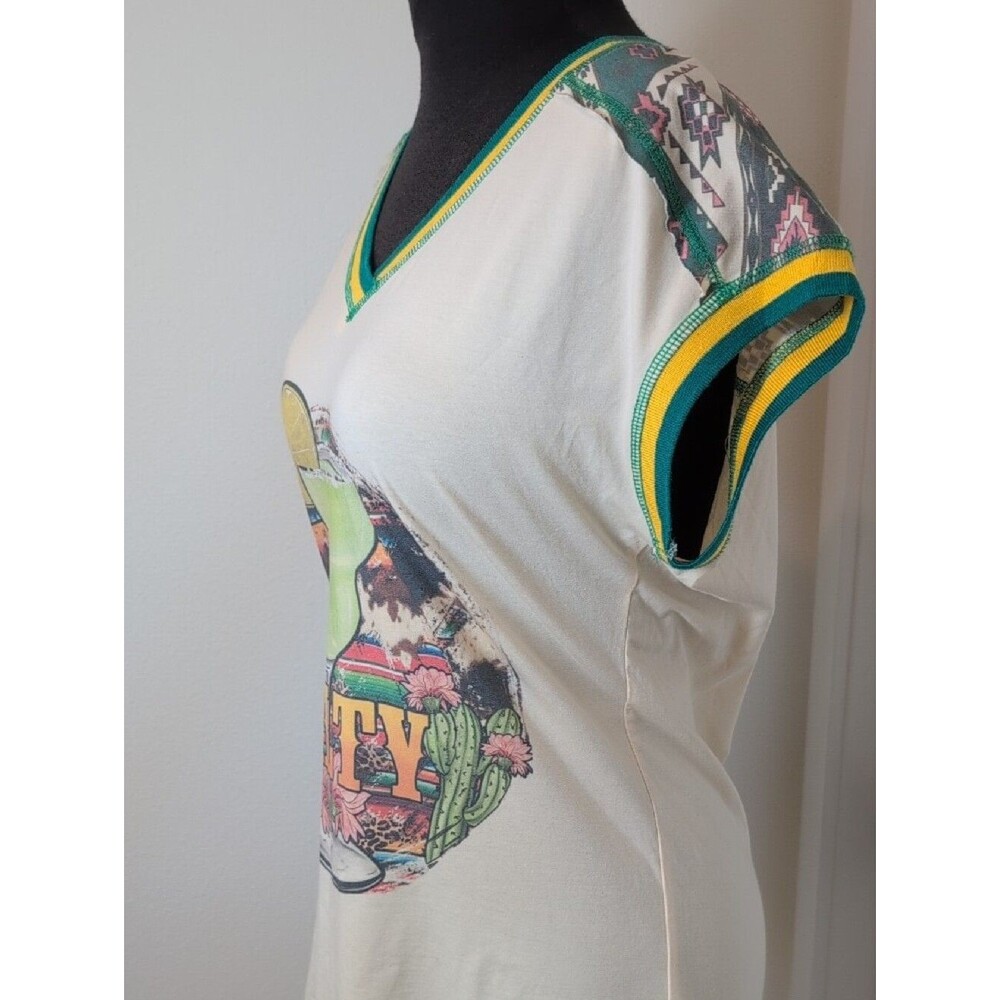 Delila Cream V‑Neck Salty Tee with Green and Yellow Trim - Picture 2 of 8